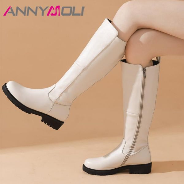 

annymoli med heel woman boots thick heel knee high boots round toe long zipper ladies shoes autumn winter beige size 34-43, Black