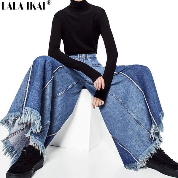

lala ikai wide leg pants patchwork high waist jeans women ripped distressed tassel female loose style vintage jeans kwa0285-451, Blue