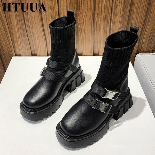 

htuua 2020 autumn black ankle boots for women punk casual chunky platform boots female wedges gothic shoes sx4374
