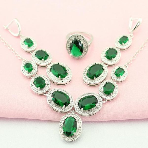 

wpaitkys зеленый цирконий серебряный цвет комплекты ювелирных изделий для женщин аксессуар bridal maxi ожерелье длинные серьги кольца свобод, Silver