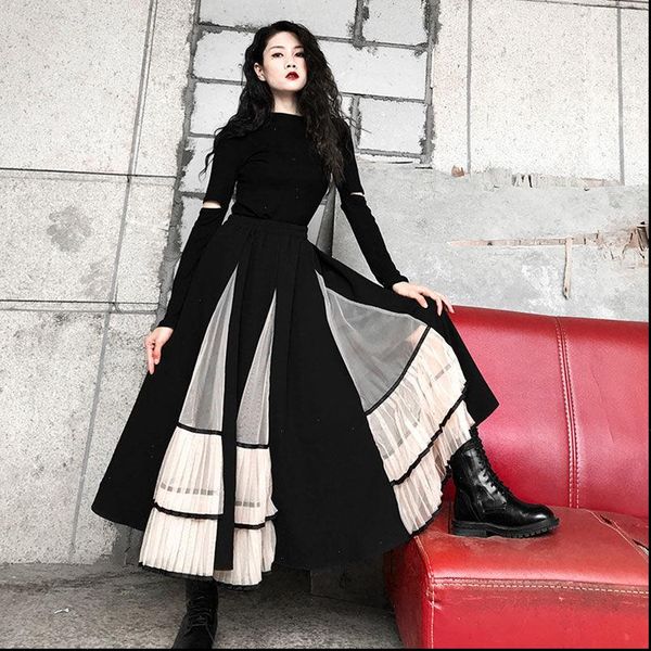 

fall winter 2020 new womens skirt all match pleated mesh stitching puff skirt color matching pleated long skirt streetwear, Black
