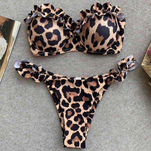 

leopard ruffled bra cup bikini women bandeau swimsuit female swimwear two pieces bikini set high cut bathing suit, White;black