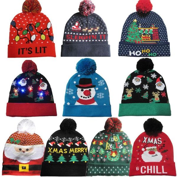 

2020 designs led christmas hats beanie sweater christmas santa hat light up knitted hat for kid for party, Blue;gray