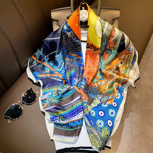 

elegant silk hijab scarf for women square shawls fashion print kerchief satin head scarfs female 90*90cm neck scaves for ladies y201007, Blue;gray