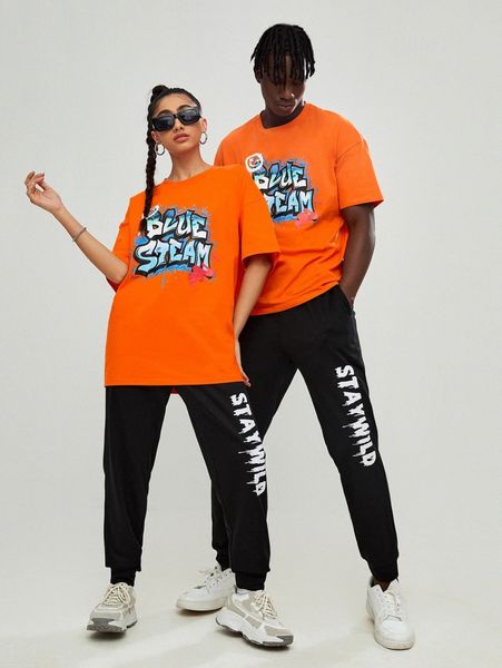 

men 1pc neon orange slogan graphic tee 32i4#, White;black