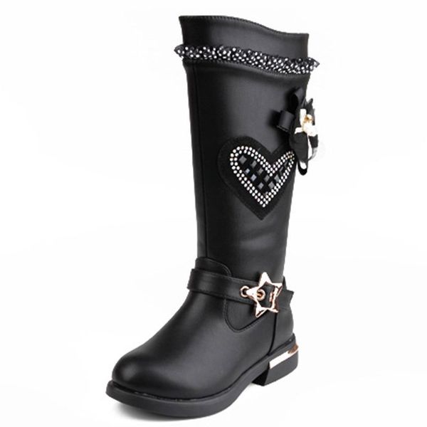 

girls elegant lace crystal boots black red anti-skid pu leather shoes size26-37 long botas princess spring winter mid-calf boots y200104, Black;grey