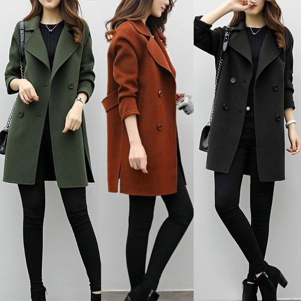 

women wool blend warm long coat plus size female slim fits lapel woolen overcoat autumn winter cashmere outerwear manteau femme1, Black