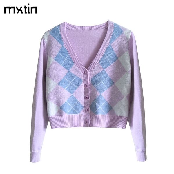 

vintage cute geometric rhombic knitted cardigan sweater women fashion spring and autumn outerwear chic england style 201030, White