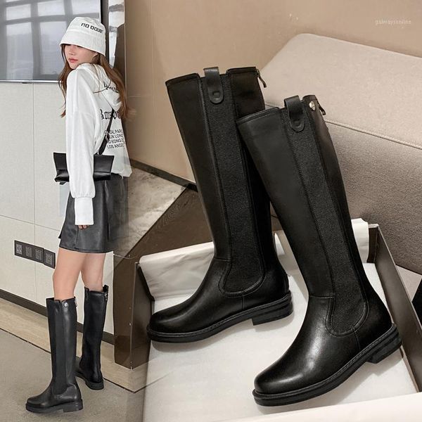 

boots 2021 leather round toe knight1, Black