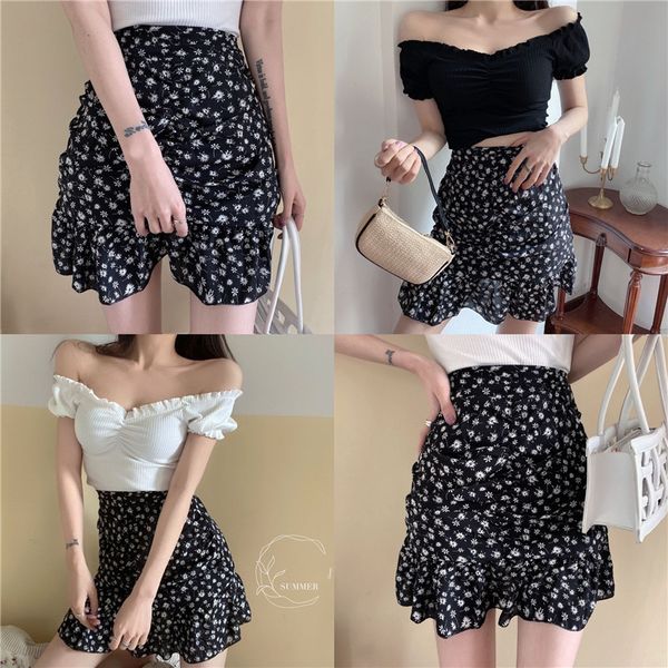 

2020 summer new one line collar t-shirt + high waist a-line floral short skirt two piece fashion suit for women