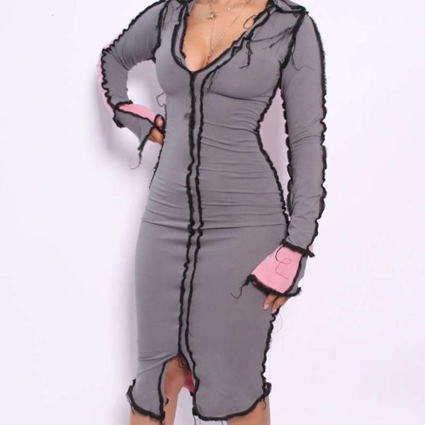 

2020 autumn / winter new fashion wind stitching reverse selvedge v-neck long sleeve temperament skirt women's dress, Black;gray