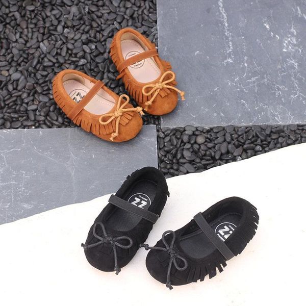 

flat shoes girls princess tassel genuine leather soft bottom toddler kids doug flats bowknot elastic band eur 21-30, Black;grey