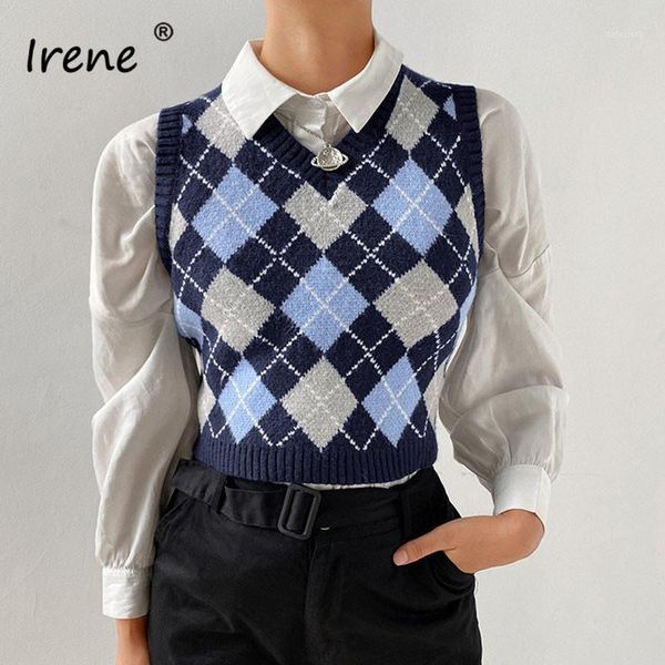 

irene sleeveless sweater women rhombus plaid vintage off shoulder jumpers knitted pullover korean crop casual sweater vest1, White;black