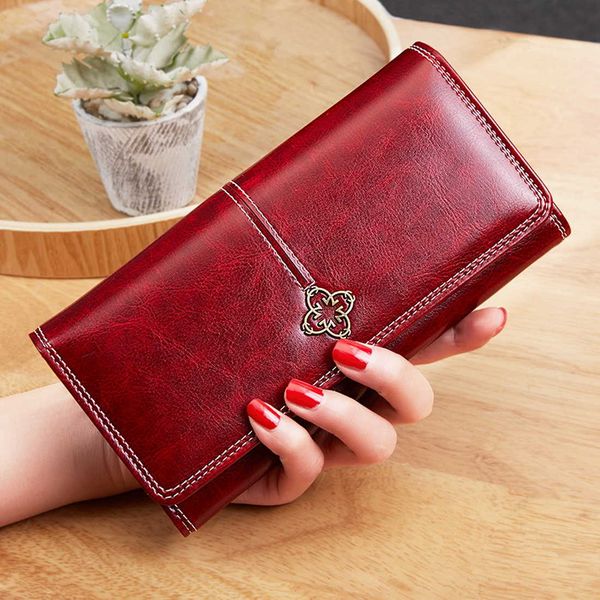 

2020 new women's wax oil lady long leather clutch bag wallet card holder, Red;black