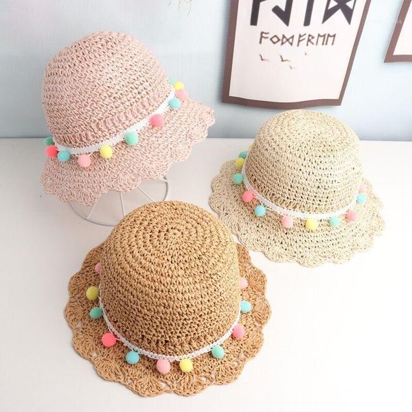 

child summer 2020 new girl sun hat cap fashion colorful balls straw dome beach straw hat kids anti-uv travel beach caps1, Yellow