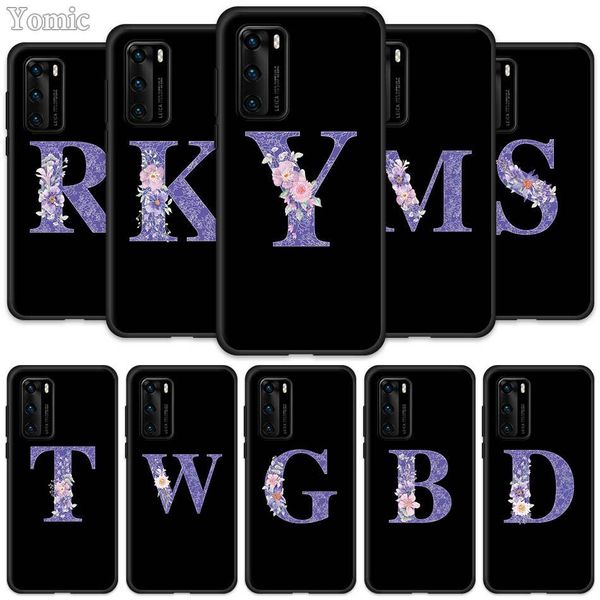 

custom name letter flowers black silicone case for huawei p30 p20 pro p40 lite 5g p smart 2020 z s plus 2019 soft phone cover