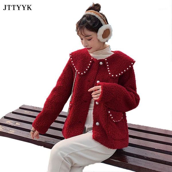 

2021 autumn and winter thick lamb wool coat womens pearl lapel short retro cardigan jacket women long warm woolen cloth jackets1, Black