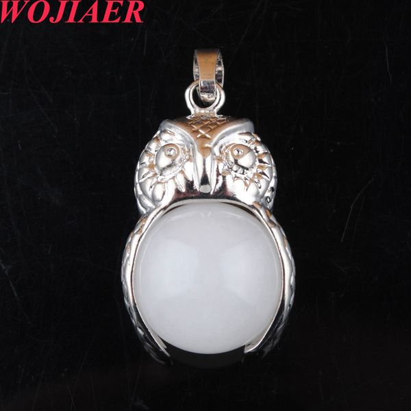 

wojiaer natural stones pendants necklaces crystal cute owl white jade round ball bead pendant women jewelry gift do9185, Silver