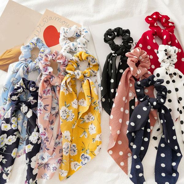 

women streamers scrunchies polka dot floral print elastic bow hair rope girl hair ties korean sweet hair accessories headwear, Slivery;white