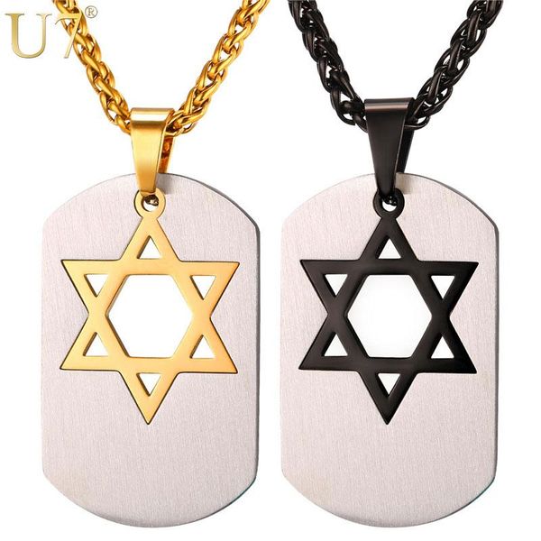 

u7 magen star of david necklace men gift gold color stainless steel hip hop dog tag pendant & chain israel jewish jewelry p1038, Silver