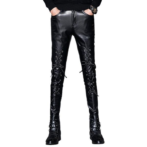 

men's pants 2021 fashion stage performance leather youth winter threading slim fit skinny, Black