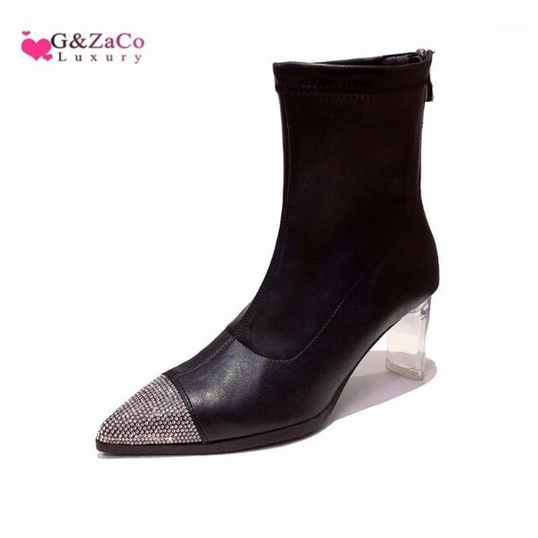 

white boots women's autumn winter skinny boots low heel crystal heel zipper pointed rhinestone women short y650-51, Black