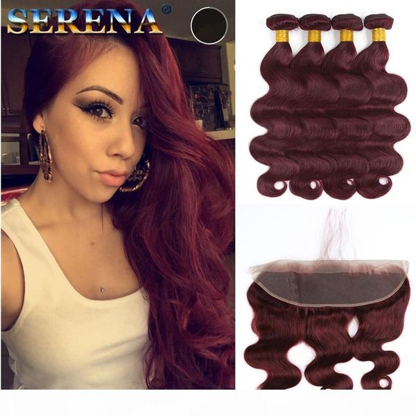 

brazilian burgundy hair bundles with 13x4 lace frontal closure 99j wine red body wave human hair weaves with ear to ear lace band frontal, Black;brown