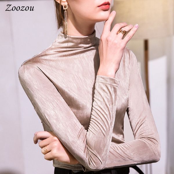 

2020 elegant slim half turtleneck blouses women winter warm long sleeve soft basic multi color casual simple pullovers, White