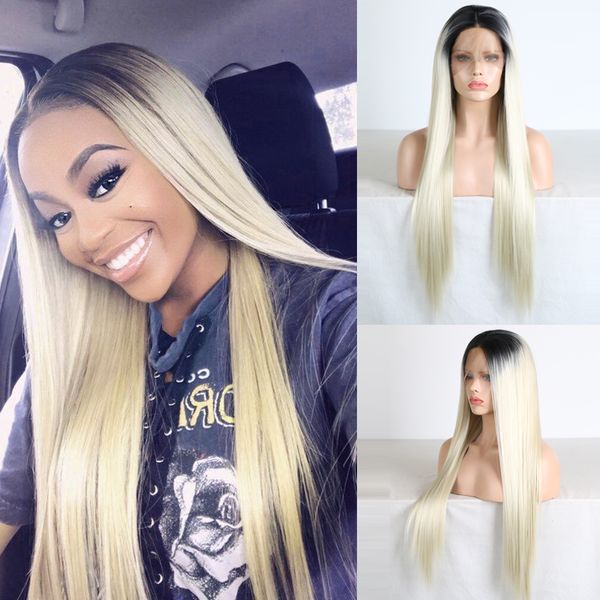 

charisma ombre blonde wigs for women synthetic lace front wig long silky straight hair cosplay wig high temperature lace wigs, Black;brown