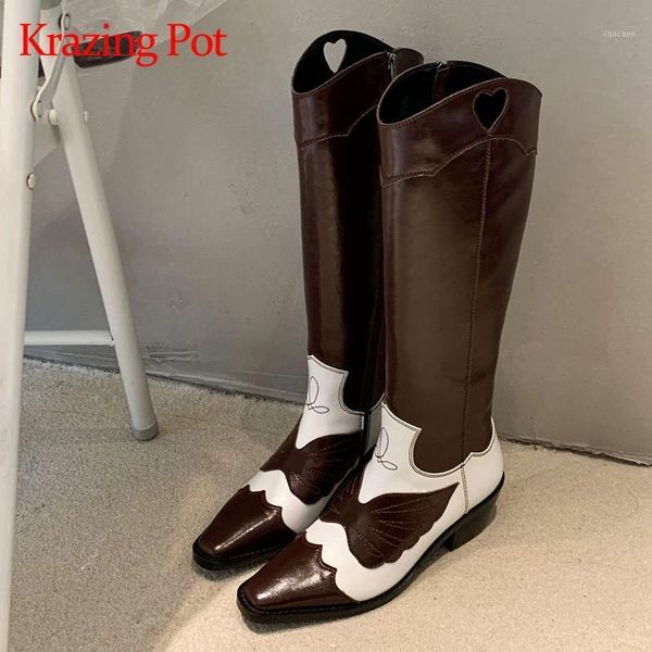 

krazing pot 2020 mixed colors small square toe western boots genuine leather high heel mature lady elegant knee-high boots l861, Black