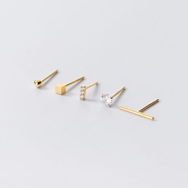 

stud 925 sterling silver earrings for women, geometric in multiple shapes, punk style mini ear studs (5-piece set), Golden;silver