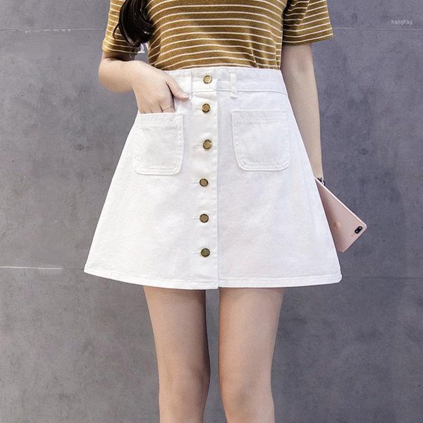 

summer new cotton-containing a-line denim skirt high waist button skirt solid color bag hip white1, White;black