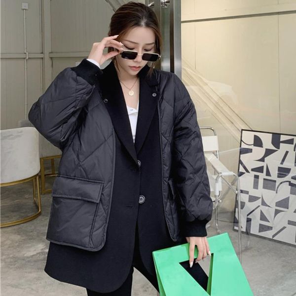 

ewq] 2020 winter thickened minimalist patchwork turn down collar long-sleeved women loose jackets cotton padded clothes 8q379, Black