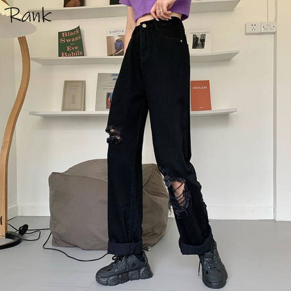 

y2k aesthetics high waist ripped jeans vintage hole wide leg baggy pants 90s fashion denim e-girl black trousers indie y1214, Blue