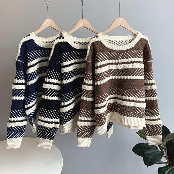

2021 new autumn o-neck striped long sleeve sweater winter casual women pullovers pull femme r2r4, White;black