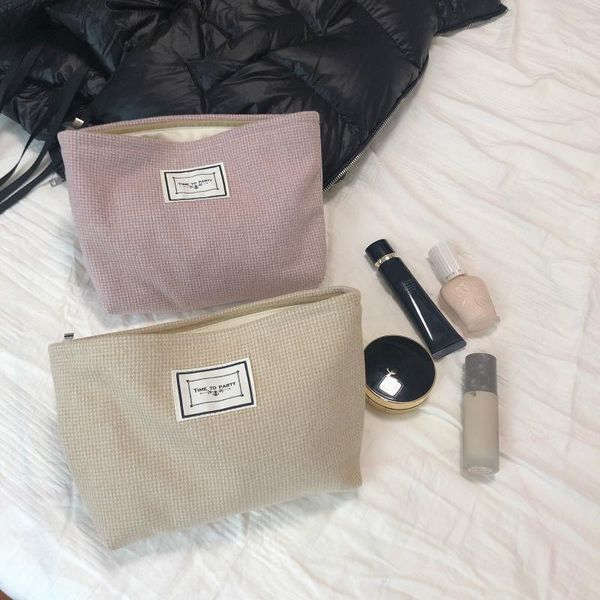 

korean apricot bean sand color fine simple bag thick hand makeup pure bag cloth plaid wind version up gentle make milk hsxlt clqck