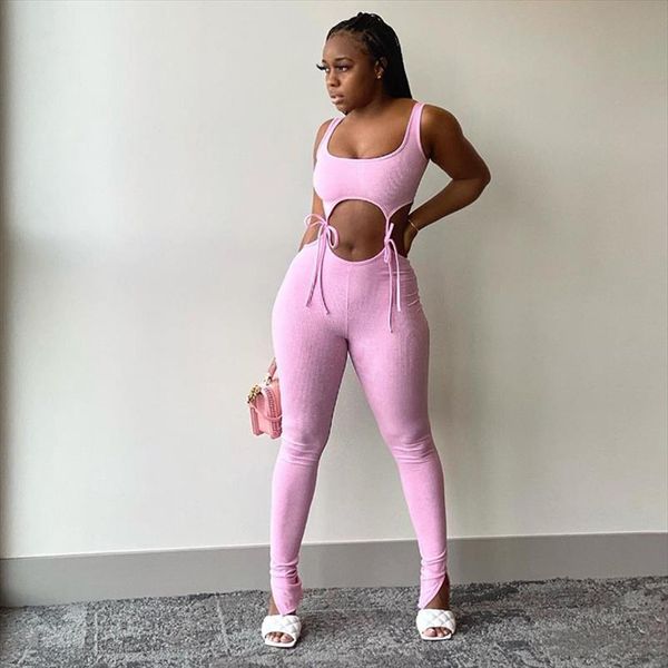 

bandage fitness fashion women matching sets sleeveless solid sporty workout two piece outfits skinny and pants set, Gray