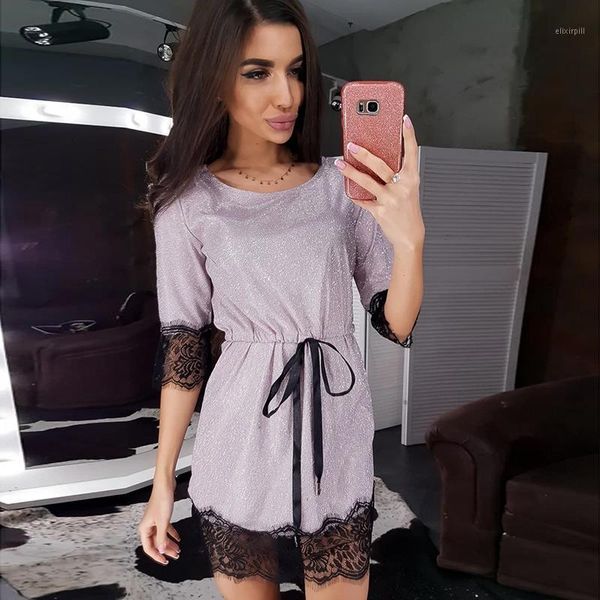

women drawstring straight party dress half sleeve lace patchwork dress 2020 o neck fashion evening club mini vintage1, Black;gray