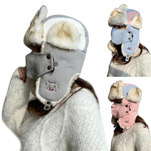 

women winter thicken plush lined warm trooper trapper hat with detachable face mask cute cat eers embroidery windproof earflap u, Blue;gray