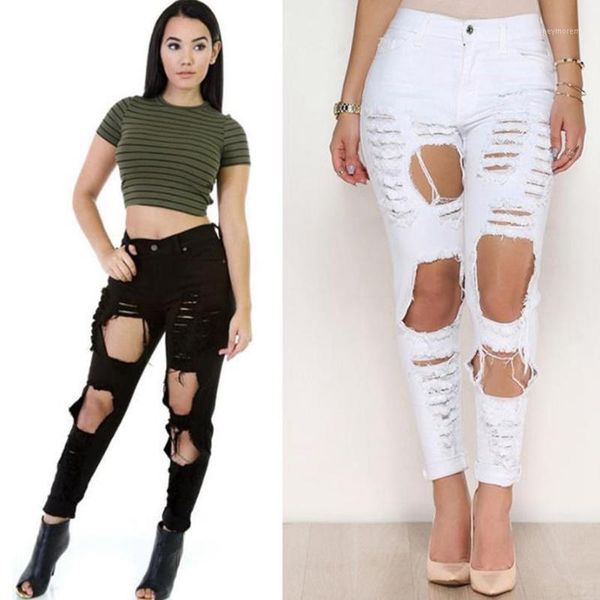 

women's pants & capris 2021 high waist, slim fit, elastic, ripped individual jeans on the street pencil / leggings1, Black;white
