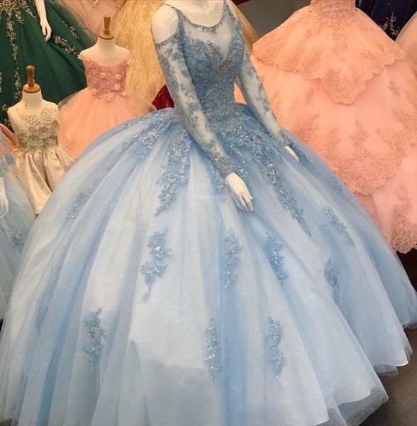 Light Blue Длинные рукава платья Quinceanera кружева аппликация Zipper Сладкие 16 Платье для особых случаев партия платье