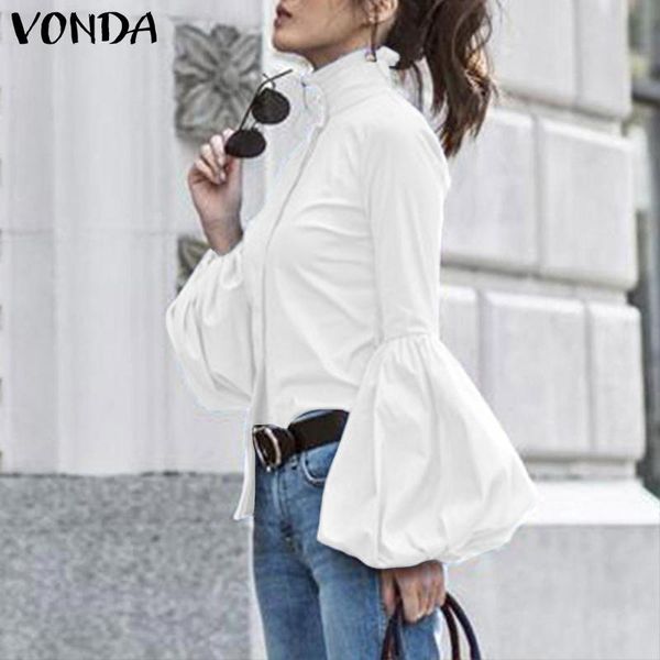 

women blouse 2021 vonda spring long lantern sleeve shirt office lady tunic plus size casual turtleneck blusas, White