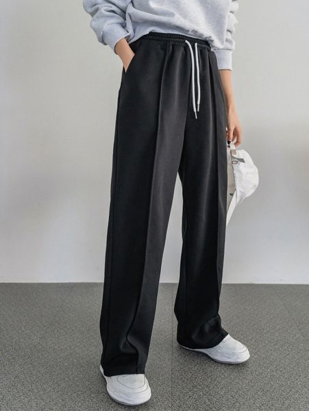 

dazy slant pockets seam detail drawstring waist pants 60ru#, Black;white