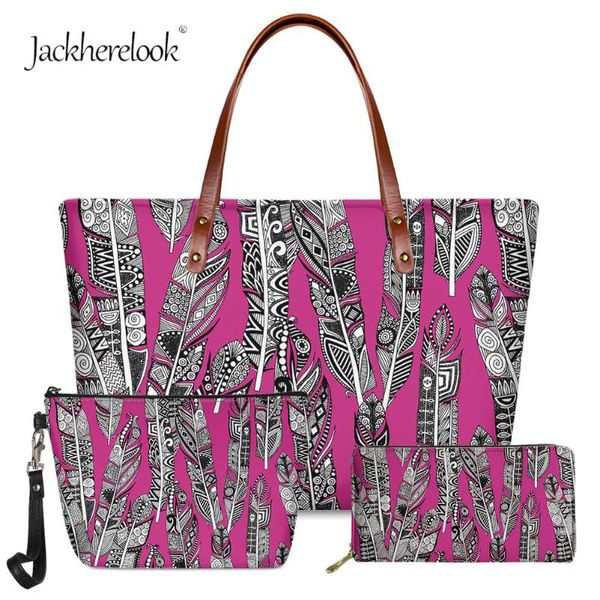 

jackherelook traditional feather prints female soft pu leahter large comestic storager fashion outdoor handbags set