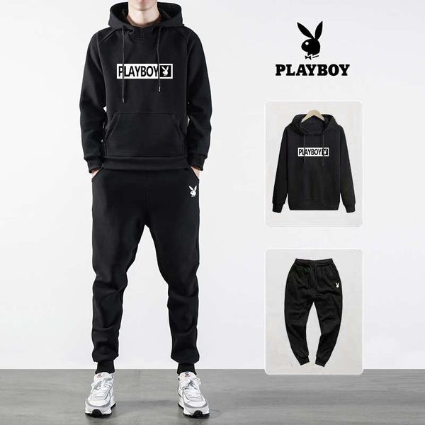 

playboy sweater men's suit autumn korean loose casual hooded sportswear winter plush coat trend, Black