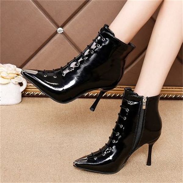 

autumn 2021 new nine inches high woman leather boots pointed toe-cross-tied thin heels party startup black vg6h