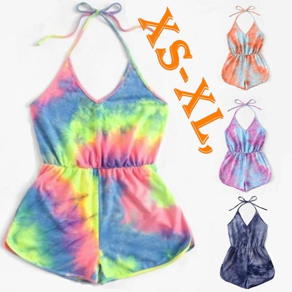 

women beach jumpsuits designer vest overalls summer tie dye clothing new style scoop neck rompers shorts sleeveless s-xl capris=, White