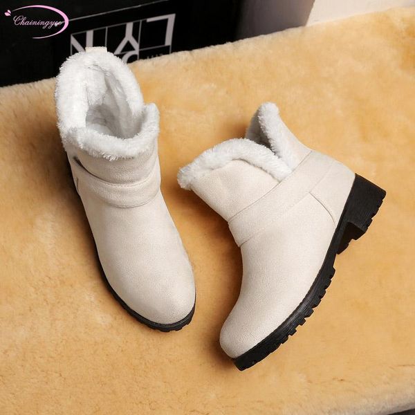 

south korean college style comfortable winter warm snow boots slip-on beige black low heel thick ankle boots women's shoes