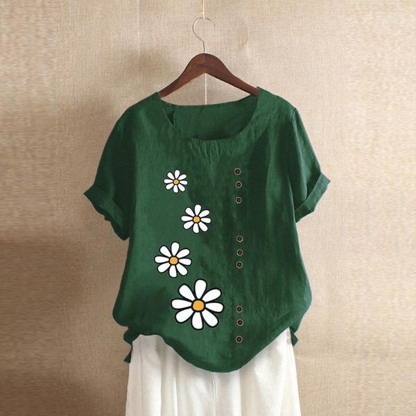 

2020 feitong blouse women's shirt casual bohemian simple short sleeve o-neck floral print loose female blouse shirt button, White