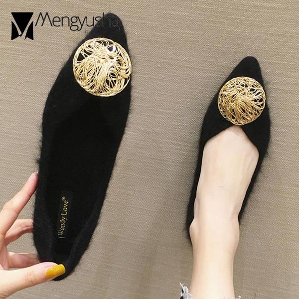 

round metal buckle shoes women designer fleeces flats winter plush felt loafers woman pointed toe fur moccasins big size 34-45, Black